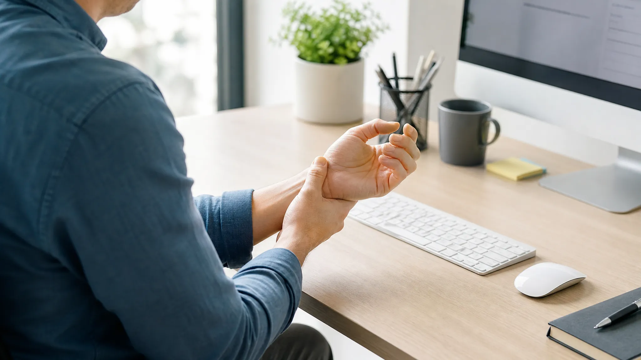 Person at a computer desk rubbing their wrist, illustrating carpal tunnel symptoms from computer work