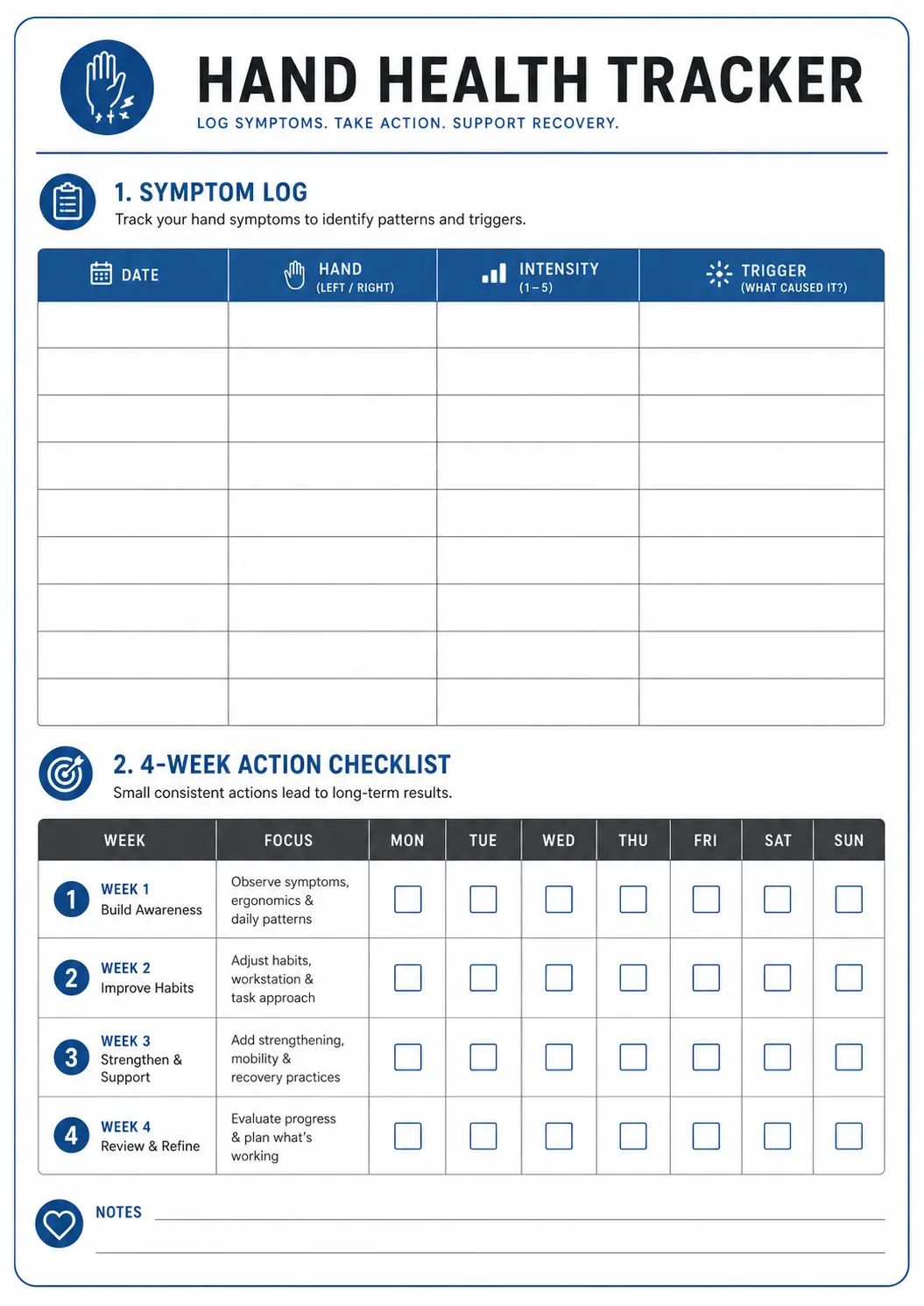 Printable symptom log and 30-day checklist for tracking carpal tunnel recovery from computer work.