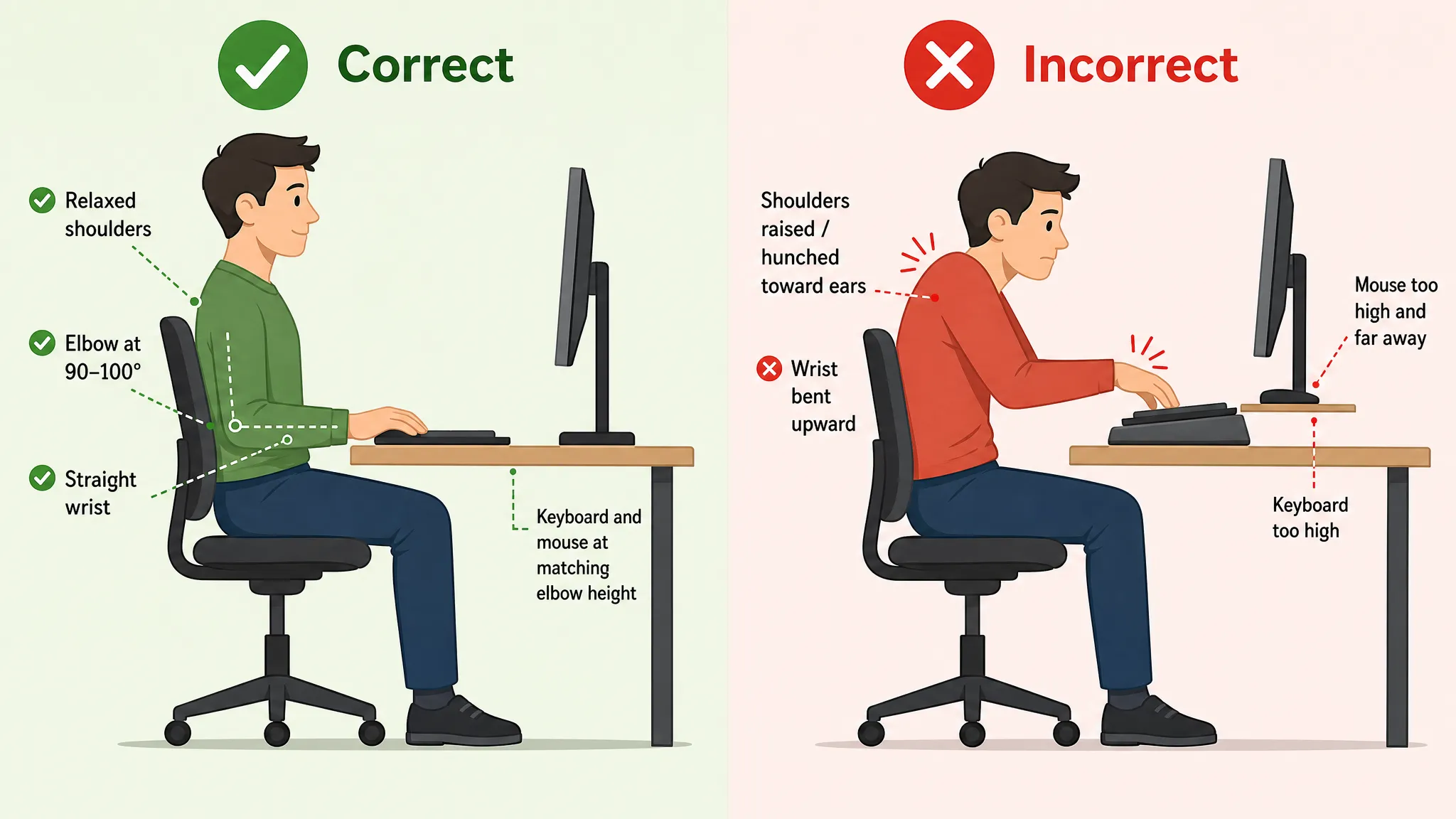Keyboard and mouse height for wrist and shoulder comfort: side-by-side comparison of correct versus incorrect posture with raised shoulders and bent wrists
