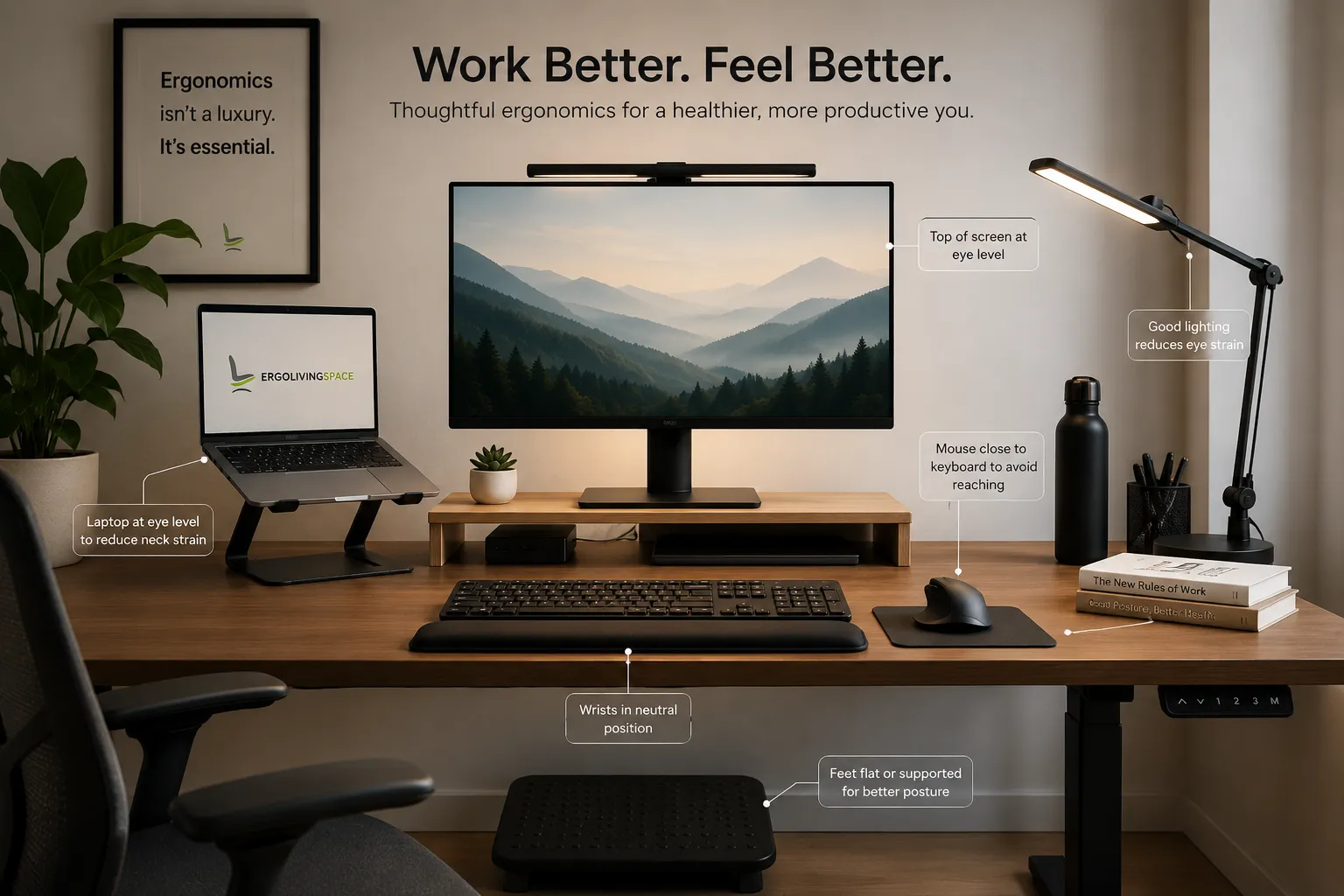 ErgoLivingSpace ergonomic desk setup with monitor, laptop stand, keyboard, mouse, light bar and posture callouts