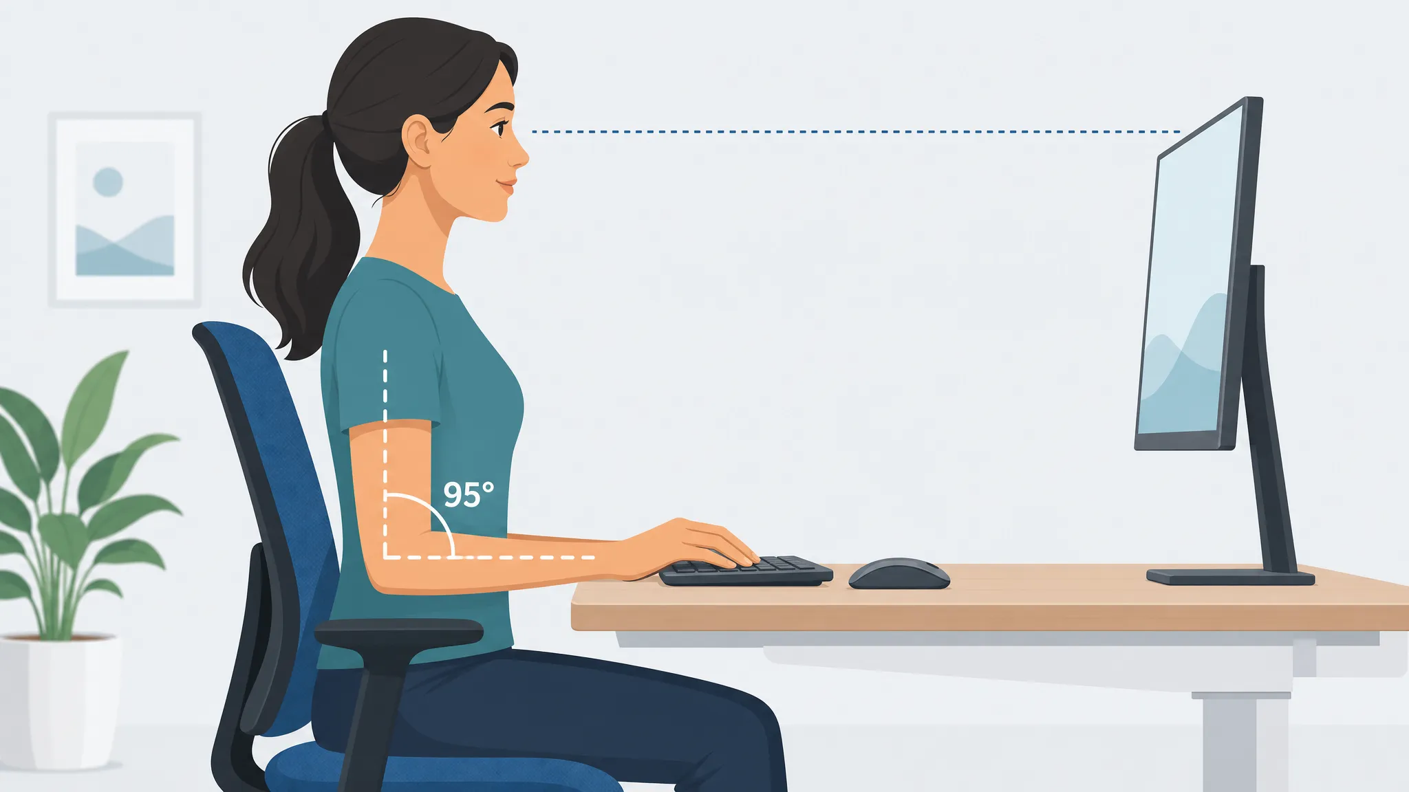 Side view of a person sitting at a desk with keyboard and mouse positioned at correct elbow height for wrist and shoulder comfort