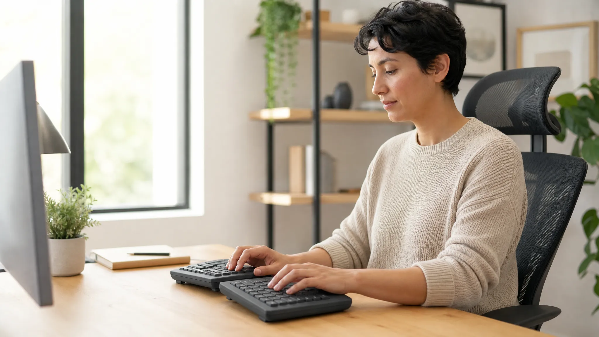 Person typing with straight wrists on a split, slightly tented ergonomic keyboard at a home office desk