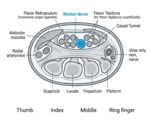 Diagram of the median nerve passing through the carpal tunnel, showing the thumb, index, middle, and half of the ring finger it affects.