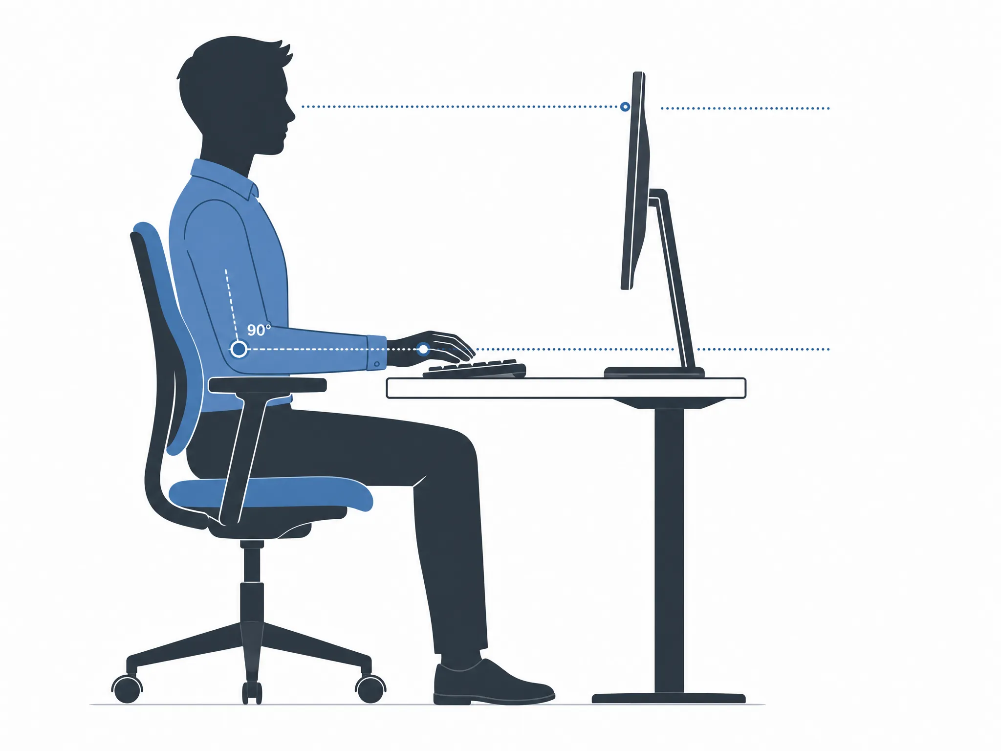 Neutral wrist position at a keyboard and mouse to reduce strain during computer work.