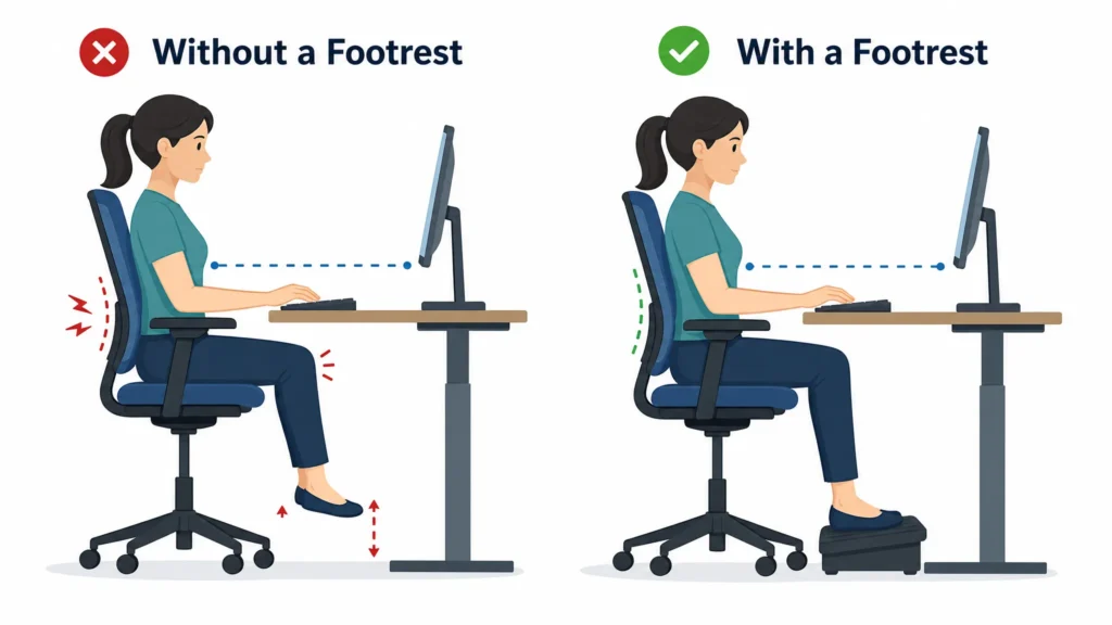 Diagram showing a petite user with a chair raised to correct elbow height, feet dangling without support, next to the same setup fixed with a footrest