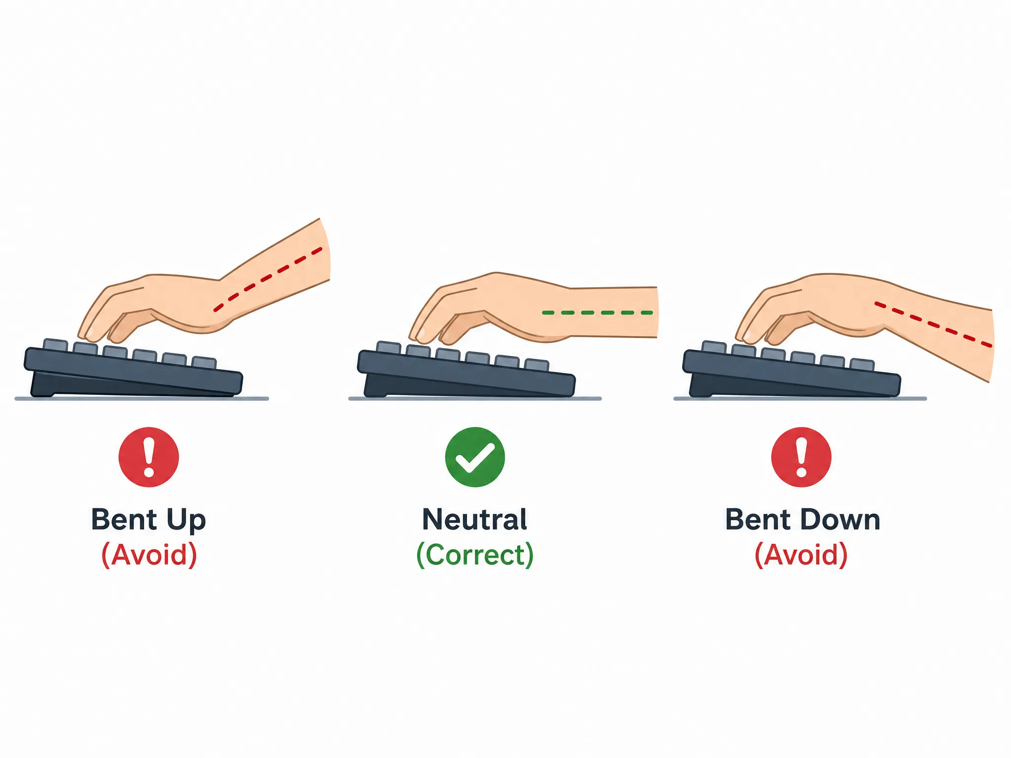 Three-panel comparison showing a neutral straight wrist versus a wrist bent upward and a wrist bent downward while typing