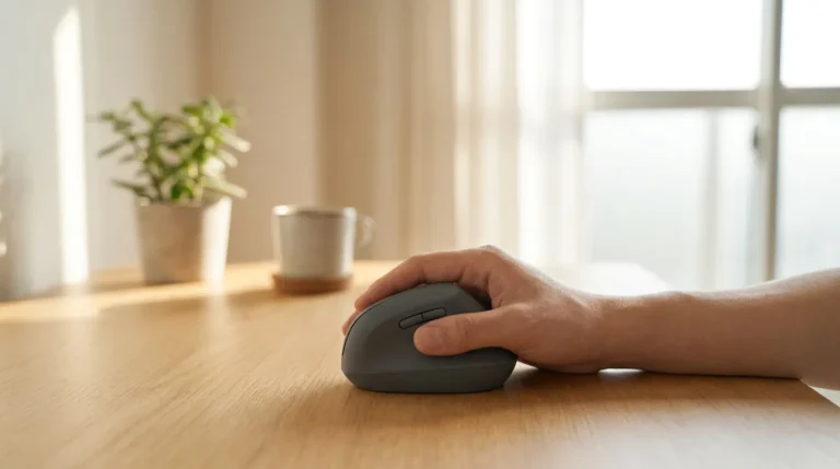 Best Vertical Mouse: How to Pick the Right One for Your Hand 2 A hand resting comfortably on a generic vertical-style computer mouse on a home office desk