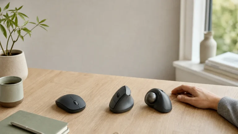 How to Choose an Ergonomic Mouse: Start With What's Bothering You 3 Three unbranded pointing-device shapes, a traditional mouse, a vertical mouse, and a trackball, arranged on a home-office desk