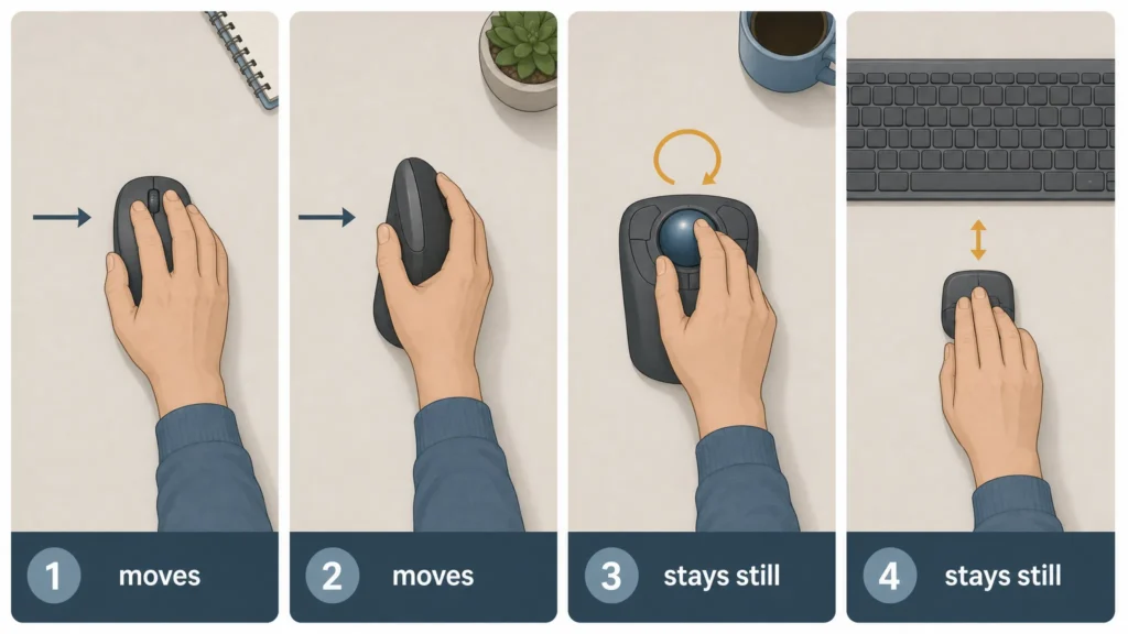 How to Choose an Ergonomic Mouse: Start With What's Bothering You 2 How to choose an ergonomic mouse by comparing traditional, vertical, trackball, and stationary pointing device movement patterns