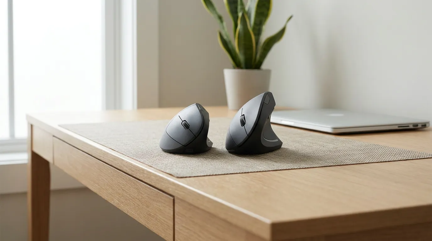 Logitech Lift vs MX Vertical: Which Vertical Mouse Fits Your Hand? 1 Two vertical ergonomic mice of different sizes side by side, illustrating a size comparison for choosing between a smaller and larger vertical mouse