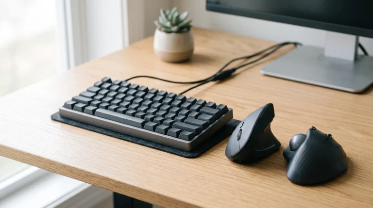 Vertical Mouse vs. Trackball: Which Is Better for Wrist Pain? 5 Vertical mouse vs trackball comparison for wrist pain on an ergonomic desk