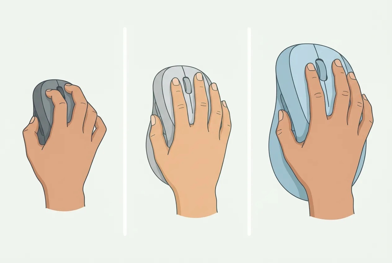 Best vertical mouse fit illustration comparing cramped, comfortable, and stretched hand positions across three mouse sizes