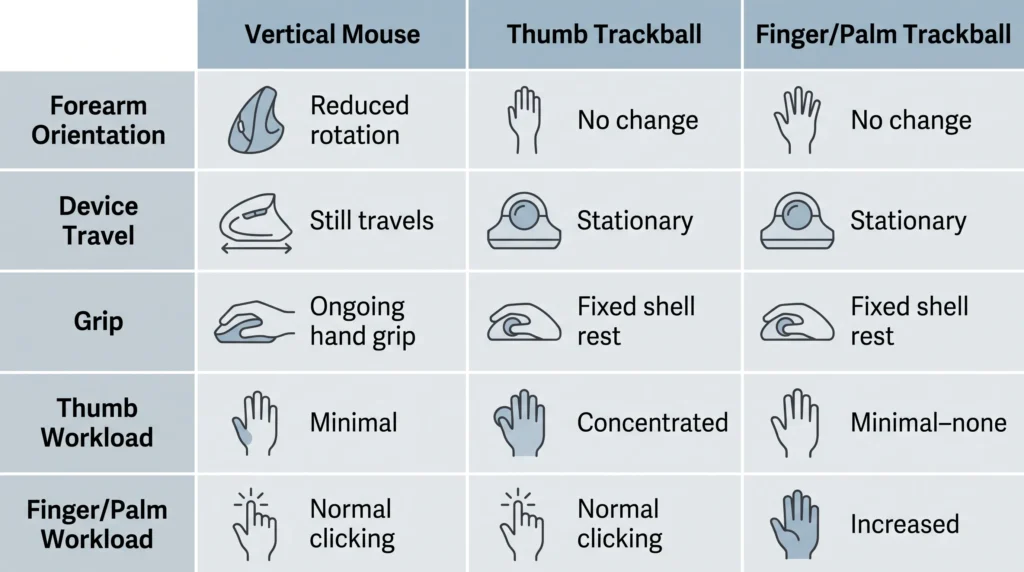 Infographic comparing forearm orientation, device travel, grip, and thumb versus finger workload across a vertical mouse, a thumb trackball, and a finger or palm trackball
