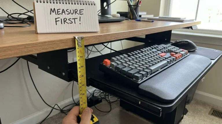 Keyboard tray installed under a desk with a tape measure held against the desk edge to check fit before buying