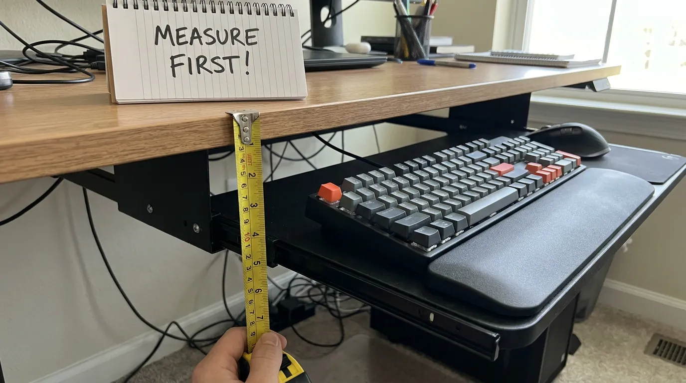 Best Keyboard Trays (2026): Measure Your Desk First, Then Choose 1 Keyboard tray installed under a desk with a tape measure held against the desk edge to check fit before buying