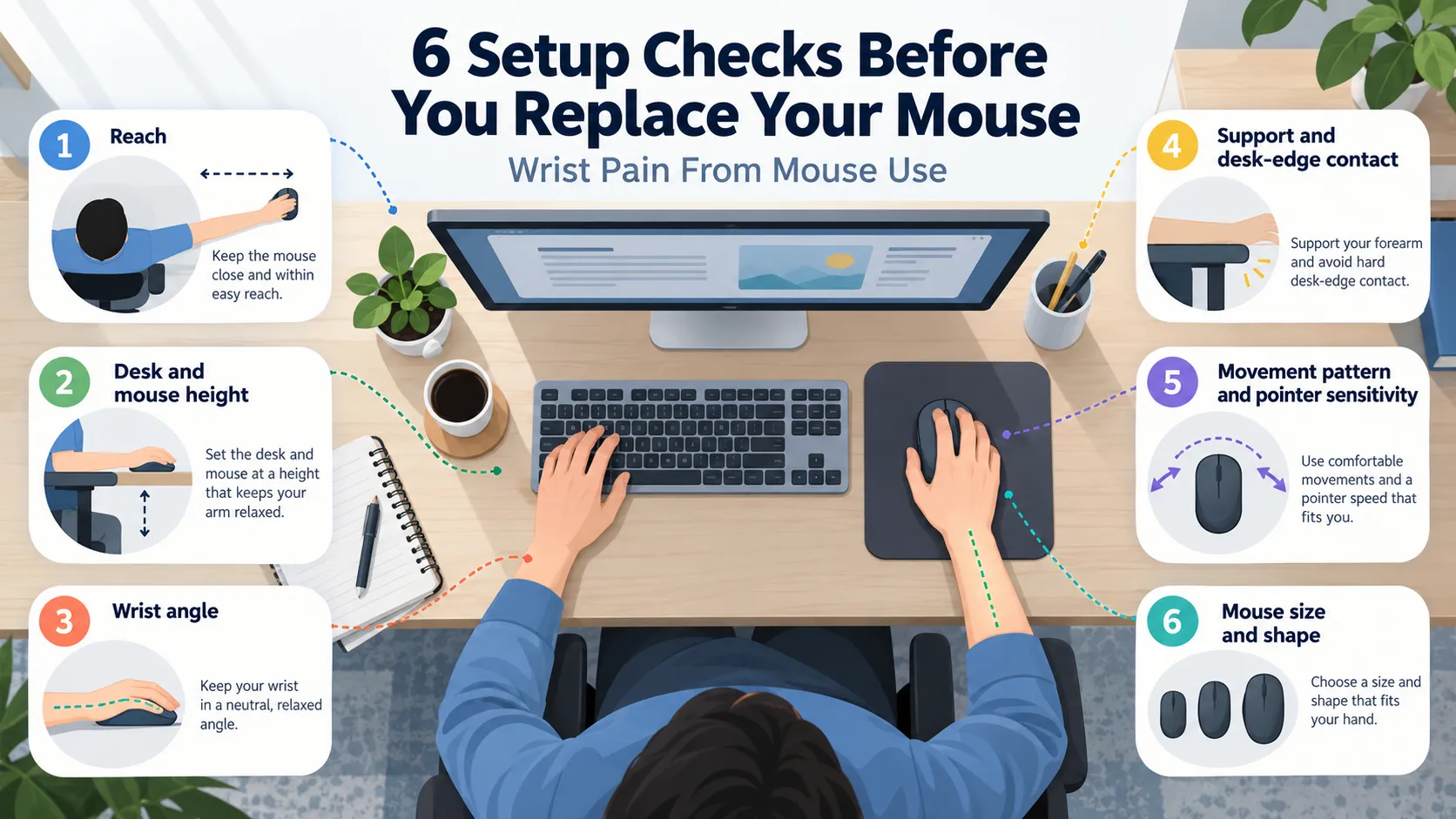 Six ergonomic mouse setup checks: reach, desk height, wrist angle, support, movement and mouse size.